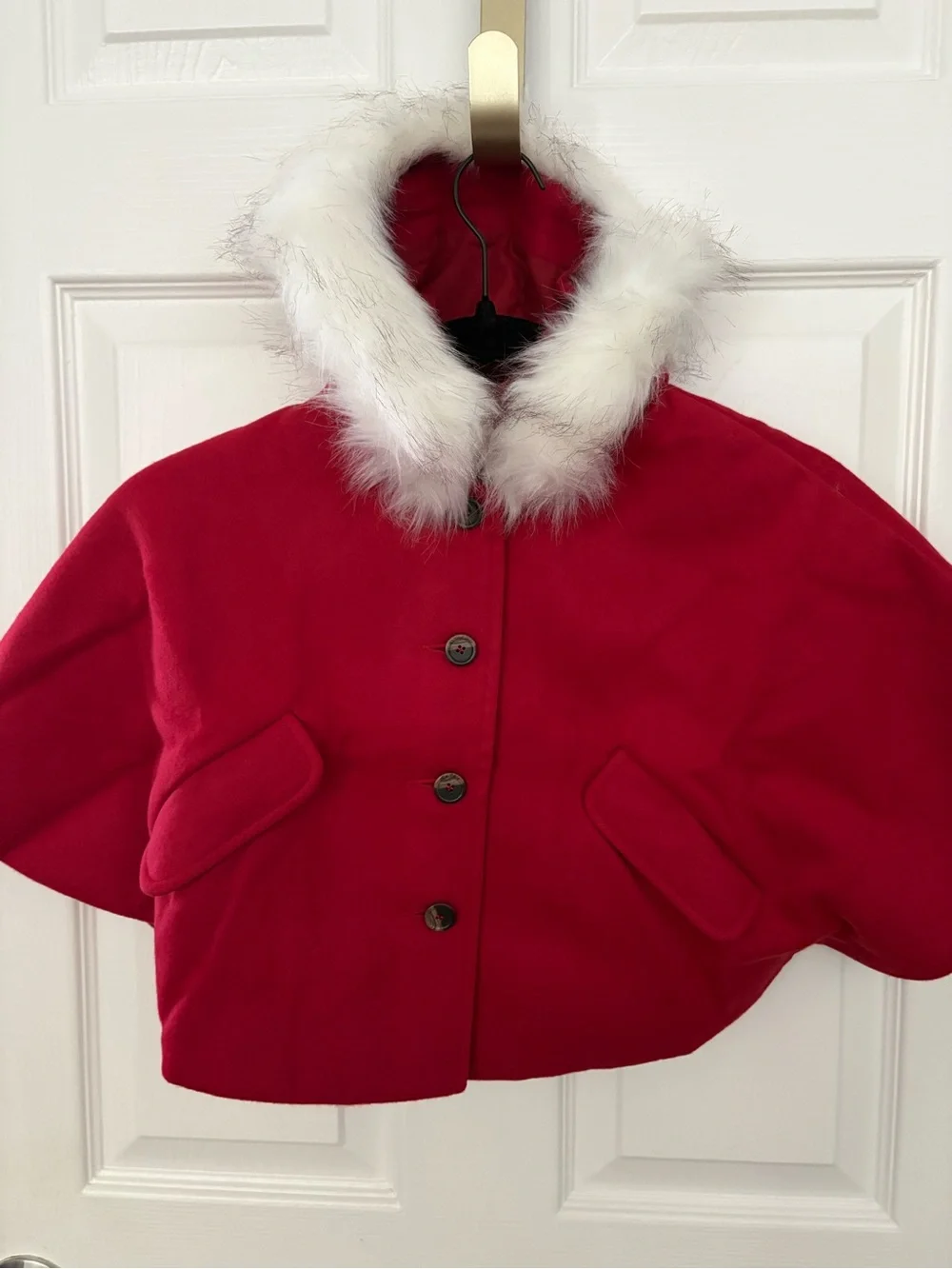 Girls' Red Hooded Cape with Faux-Fur Trim